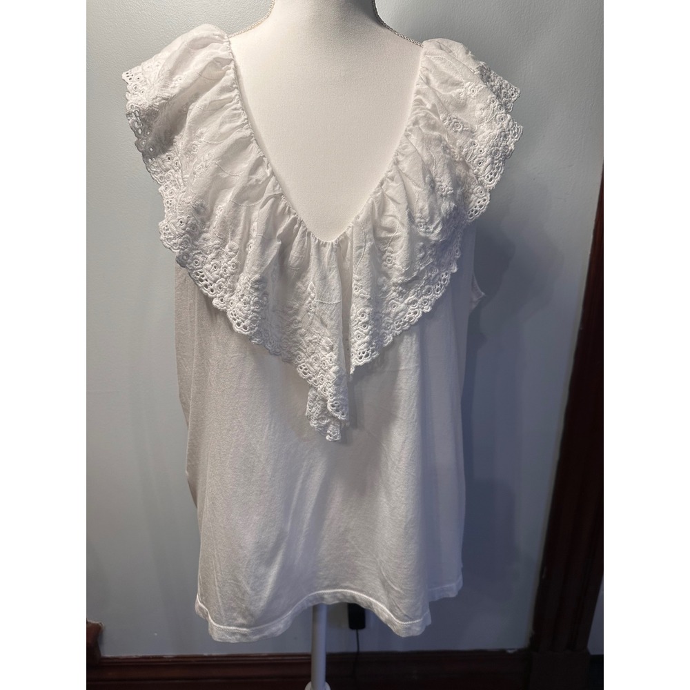HM White Eyelet Ruffle V-Neck Tank Top XL Modal Cotton Lace Trim Sleeveless